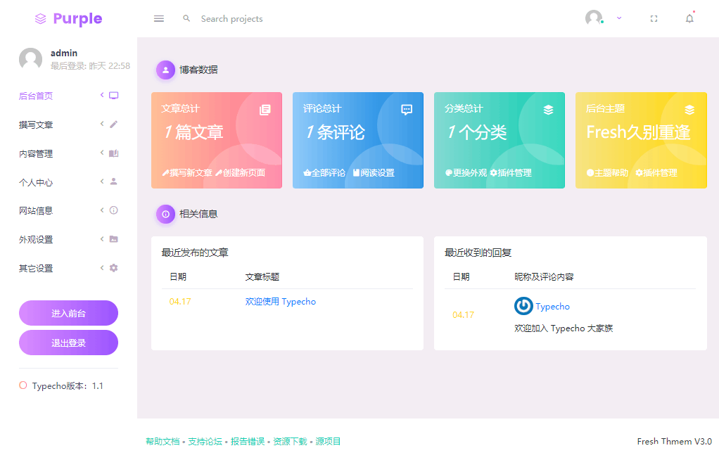zxki-cn-htixw Fresh-小清新_typecho扁平化自适应后台主题